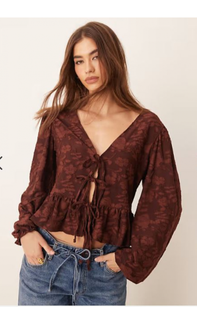 Miss Selfridge lace puff sleeve tie front top