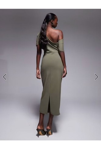ASOS DESIGN pleated shoulder pencil midi dress in khaki