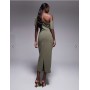 ASOS DESIGN pleated shoulder pencil midi dress in khaki