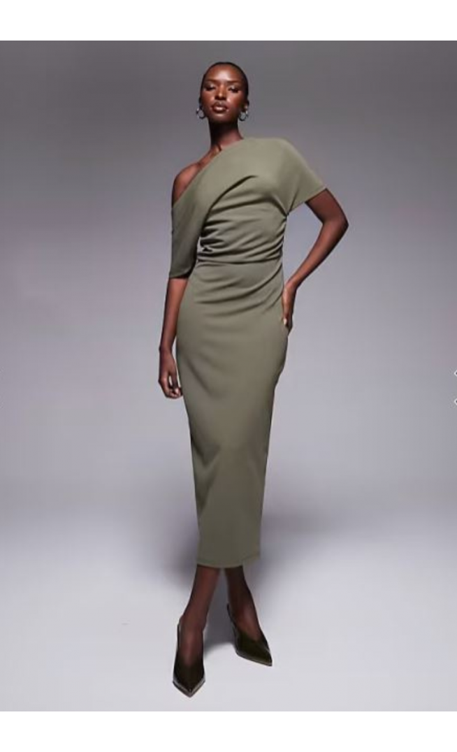 ASOS DESIGN pleated shoulder pencil midi dress in khaki