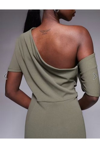 ASOS DESIGN pleated shoulder pencil midi dress in khaki