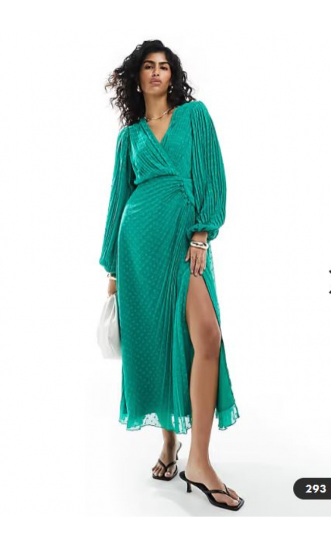 ASOS DESIGN pleated dobby chiffon wrap button detail maxi dress in bright green