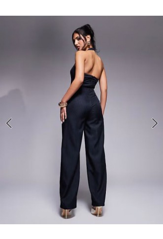 Kaiia exclusive tailored halterneck wide leg jumpsuit in navy pinstripe