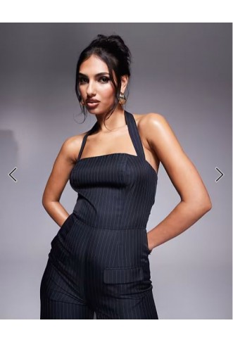 Kaiia exclusive tailored halterneck wide leg jumpsuit in navy pinstripe