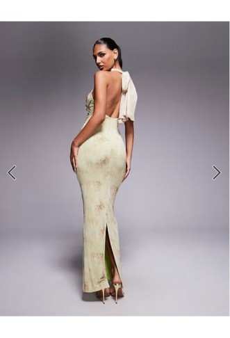 ASOS DESIGN mesh twist bust detail halter maxi with tie back neck in floral print