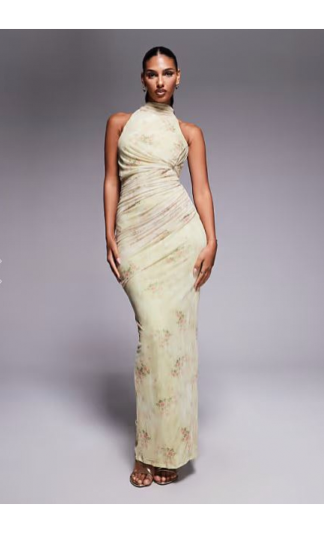 ASOS DESIGN mesh twist bust detail halter maxi with tie back neck in floral print