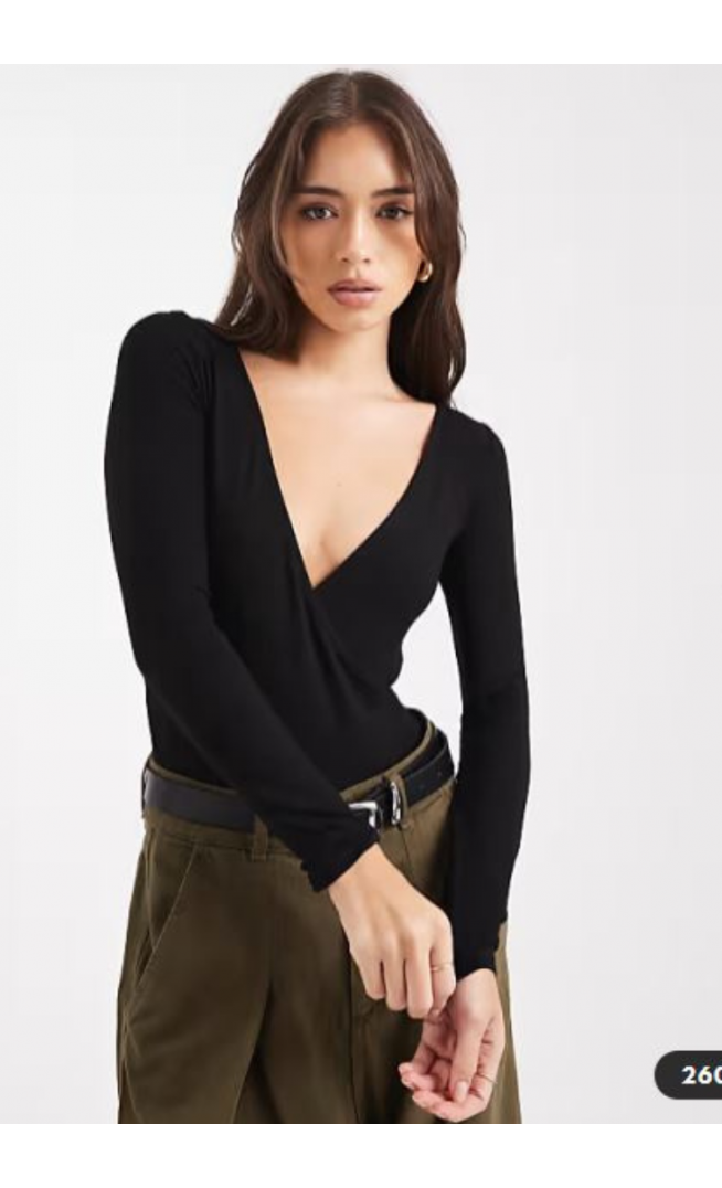 Miss Selfridge wrap long sleeve bodysuit in black