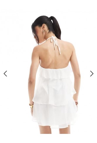 Pieces ruffle tiered mini dress with corsage detail in white
