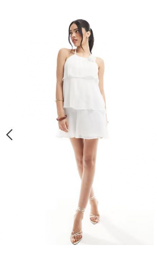 Pieces ruffle tiered mini dress with corsage detail in white