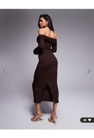 ASOS DESIGN off shoulder twist midi dress with long sleeves in chocolate