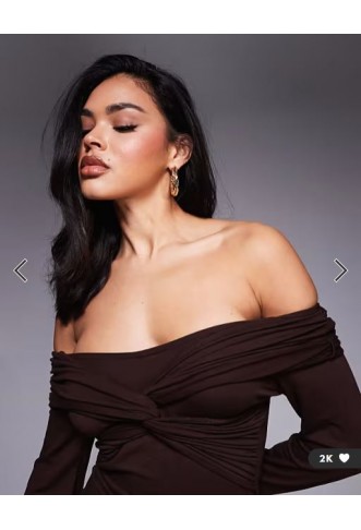 ASOS DESIGN off shoulder twist midi dress with long sleeves in chocolate