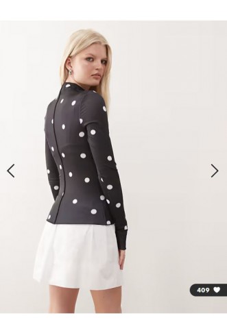 Monki long sleeve sheer t-shirt with front seam detail in black polka dot