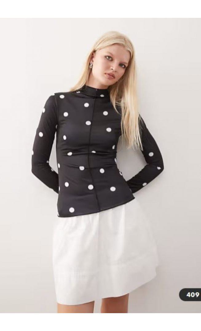 Monki long sleeve sheer t-shirt with front seam detail in black polka dot