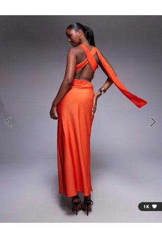 ASOS DESIGN one shoulder satin midi dress with neck tie in burnt orange