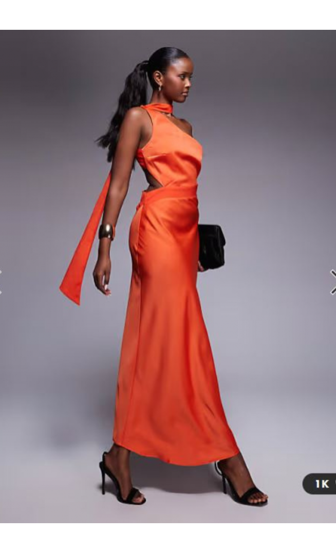 ASOS DESIGN one shoulder satin midi dress with neck tie in burnt orange