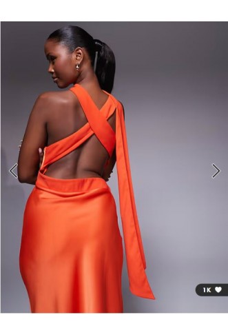 ASOS DESIGN one shoulder satin midi dress with neck tie in burnt orange