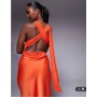 ASOS DESIGN one shoulder satin midi dress with neck tie in burnt orange