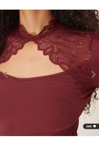YAS lace detail long sleeve top in burgundy