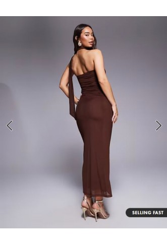 ASOS DESIGN bandeau mesh scarf detail maxi dress in brown