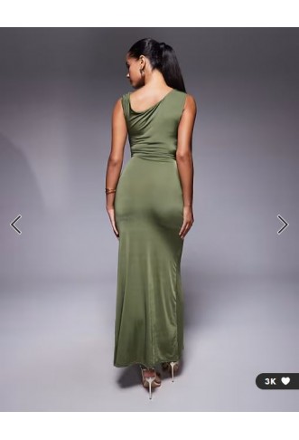TFNC off shoulder midaxi dress with thigh split in olive