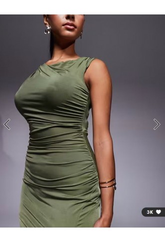 TFNC off shoulder midaxi dress with thigh split in olive