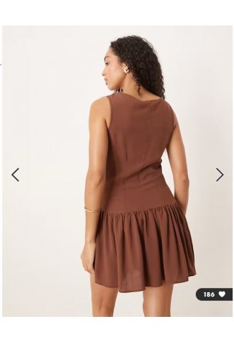 ASOS DESIGN linen blend drop waist mini dress in chocolate