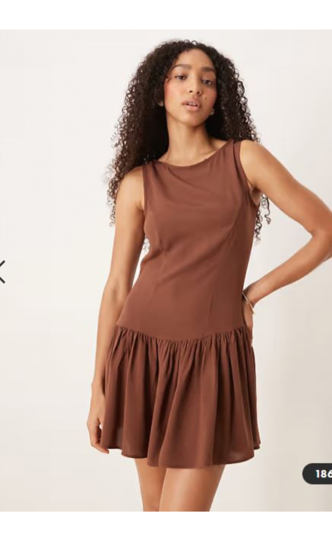 ASOS DESIGN linen blend drop waist mini dress in chocolate
