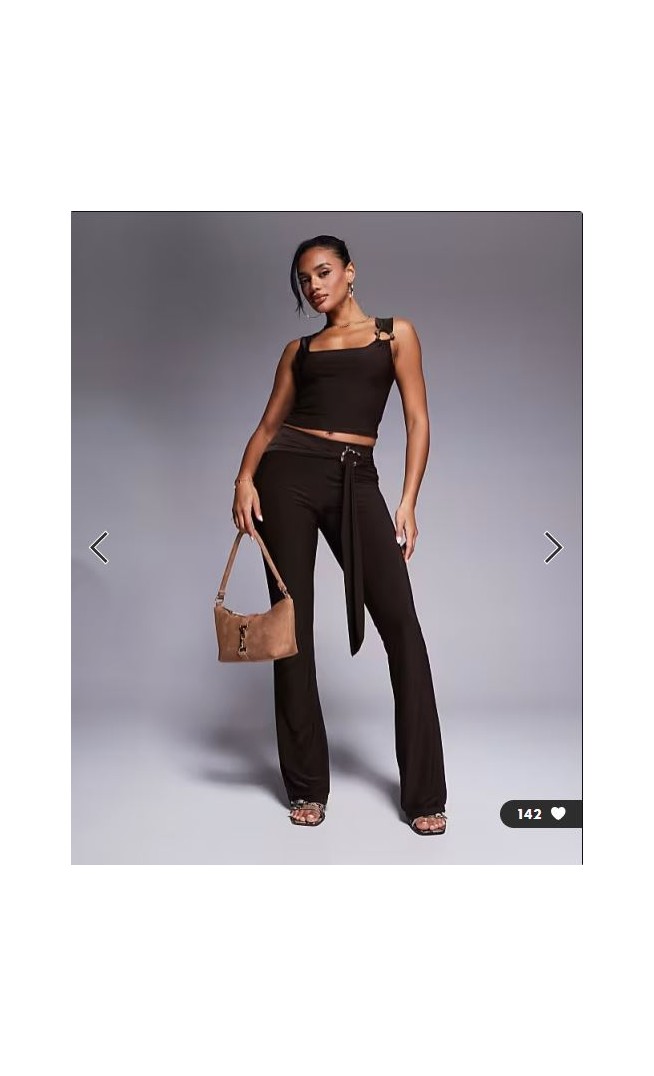Kaiia exclusive double layered slinky gold hardware belt detail trouser co-ord in chocolate