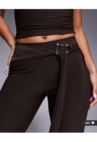Kaiia exclusive double layered slinky gold hardware belt detail trouser co-ord in chocolate