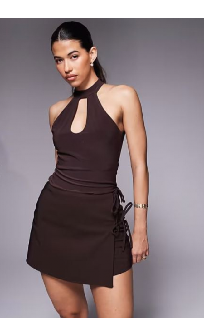 ASOS DESIGN bengaline tie side skort in chocolate
