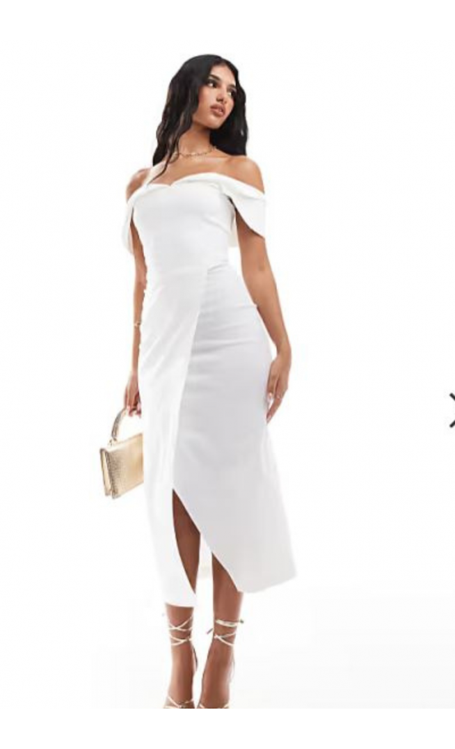 Vesper bengaline bardot sweetheart neck wrap midaxi dress in white