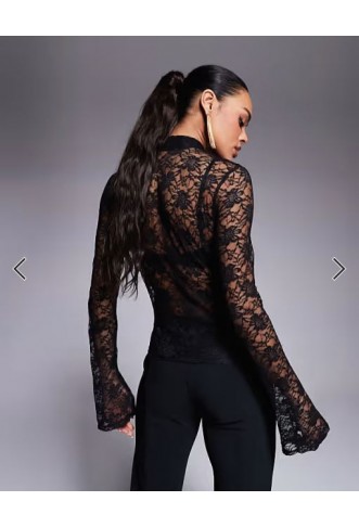 ASOS DESIGN lace keyhole flared sleeve top in black