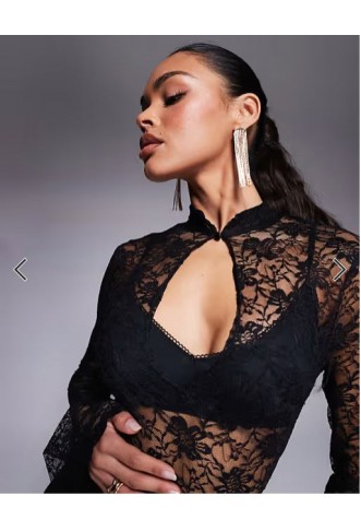 ASOS DESIGN lace keyhole flared sleeve top in black