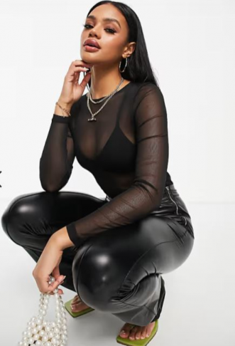 ASOS DESIGN mesh long sleeve bodysuit in black