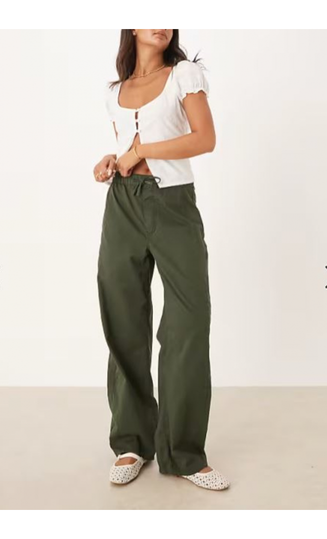 ASOS DESIGN barrel leg trouser with boxer fly in paper touch cotton in khaki