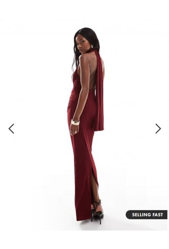 ASOS DESIGN mesh twist bust detail halter maxi dress with tie back neck in wine