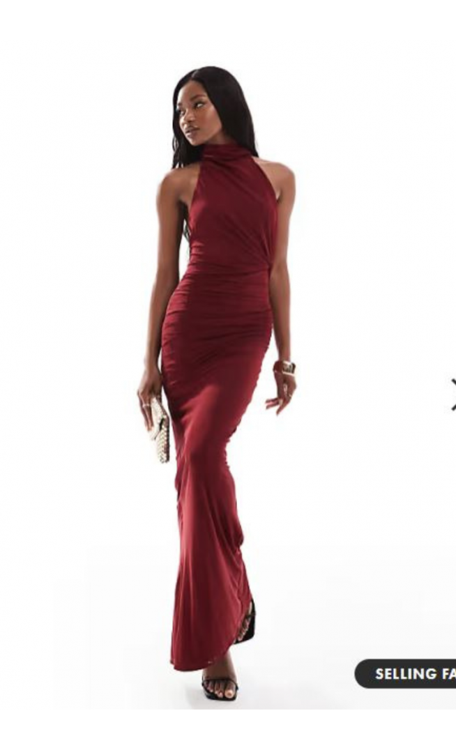 ASOS DESIGN mesh twist bust detail halter maxi dress with tie back neck in wine