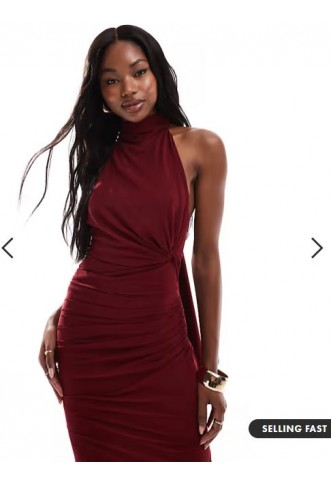 ASOS DESIGN mesh twist bust detail halter maxi dress with tie back neck in wine