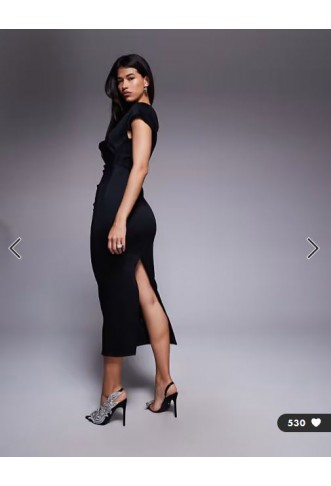 ASOS DESIGN structured midi dress with capped sleeve and draped cross front in black