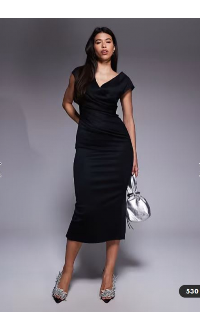 ASOS DESIGN structured midi dress with capped sleeve and draped cross front in black