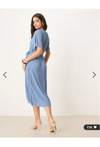 YAS plisse wrap midi dress in blue