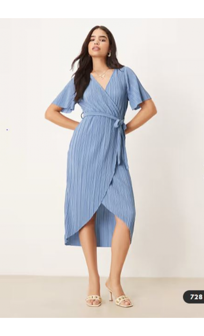 YAS plisse wrap midi dress in blue