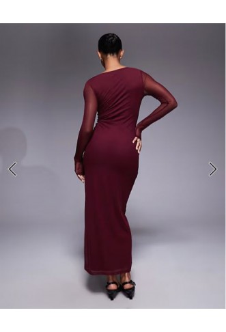 ASOS DESIGN mesh long sleeve midi dress in burgundy