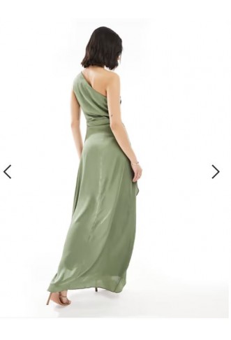 TFNC Bridesmaid one shoulder satin maxi dress with wrap skirt in dark green
