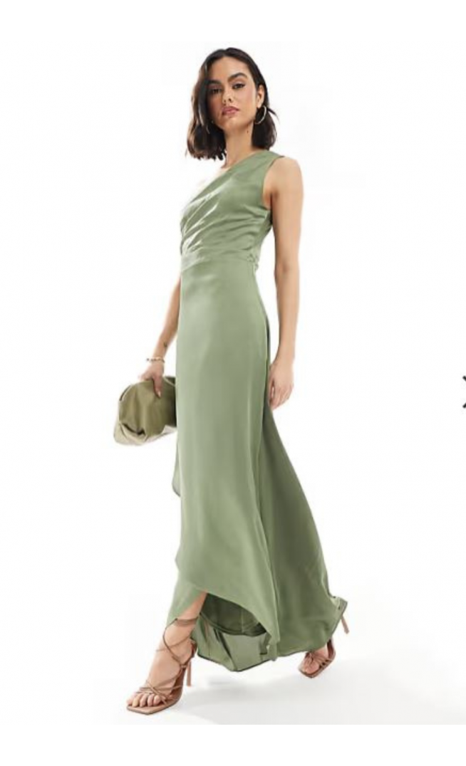 TFNC Bridesmaid one shoulder satin maxi dress with wrap skirt in dark green