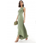 TFNC Bridesmaid one shoulder satin maxi dress with wrap skirt in dark green