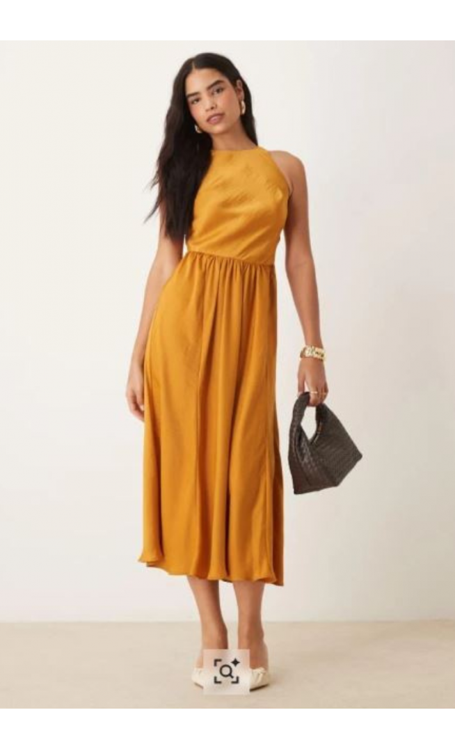 Women’s ASOS DESIGN satin drop waist midi dress with full skirt in ochre