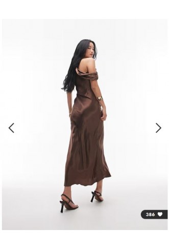 Topshop drape neck off shoulder midi occasion dress in chocolate