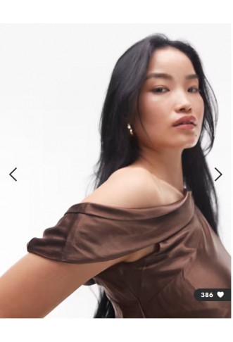 Topshop drape neck off shoulder midi occasion dress in chocolate