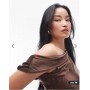 Topshop drape neck off shoulder midi occasion dress in chocolate
